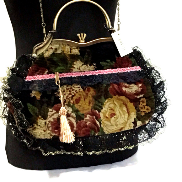 Unbranded Black Embroidered Lace Crossbody Bag W/metal Handles Strap Chain - Picture 1 of 13